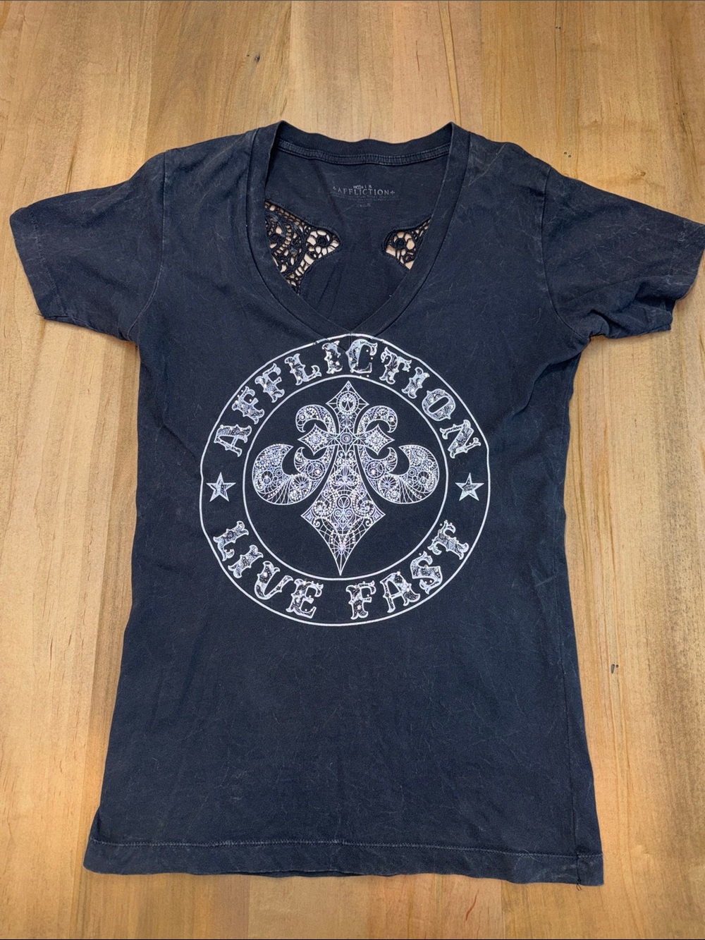 Affliction Black V-Neck Lace Inset ‘Live Fast’ Graphic Tee